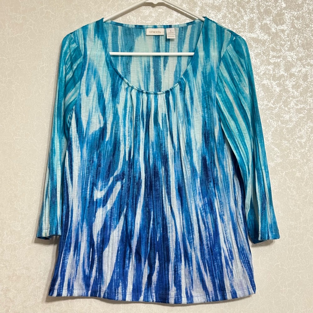 Chico's Pleated Front 3/4 Sleeve Top Abstract Stripe Blue White Nautical Sz 1 M
